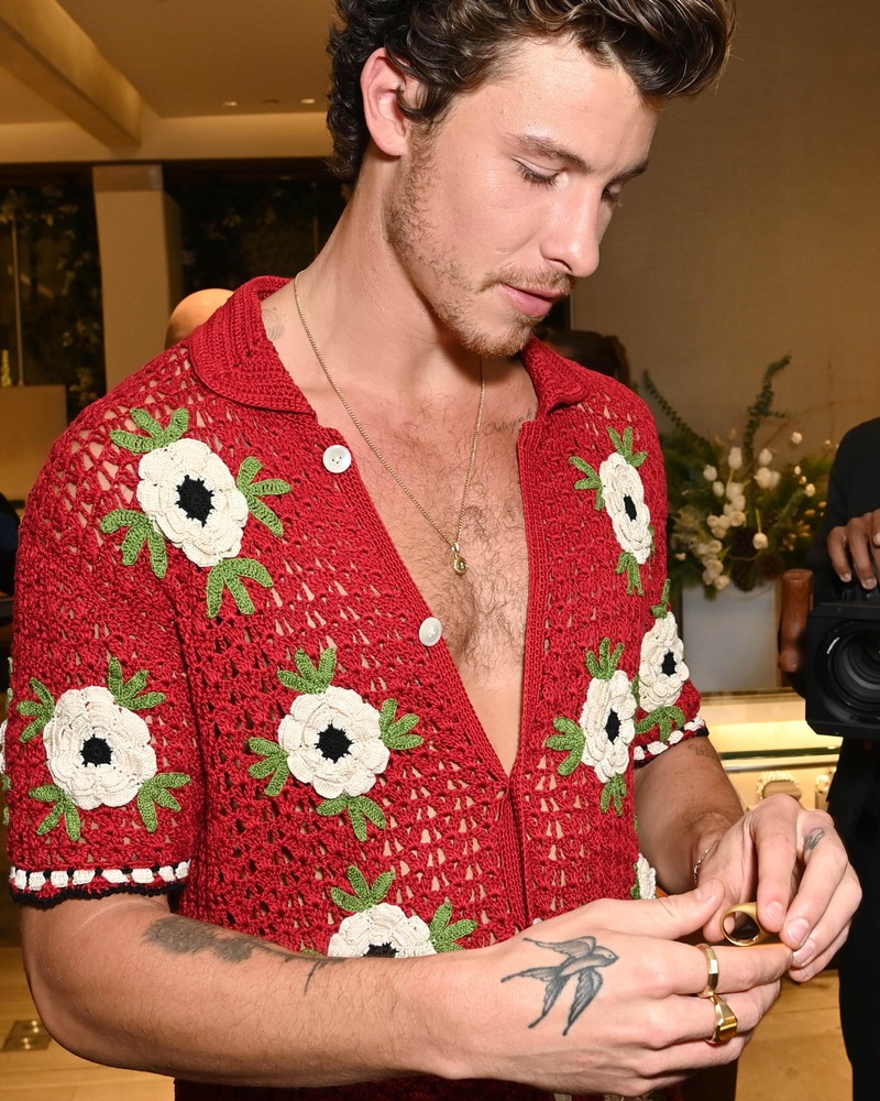 Shawn Mendes red crocheted shirt BODE David Yurman Jewelry