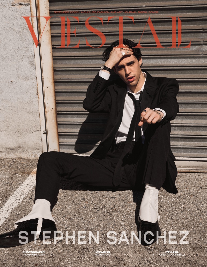 Stephen Sanchez covers Vestal magazine in a black suit by Valentino. 