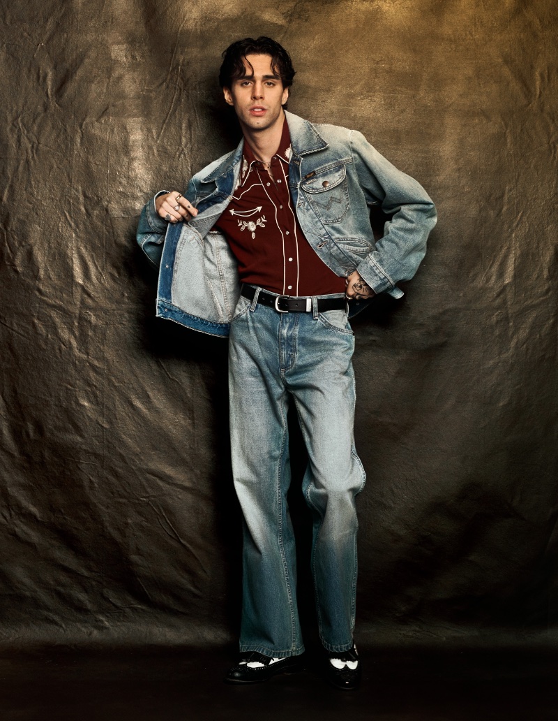 Sporting denim from the Sandro x Wrangler collaboration, Stephen Sanchez also wears a Stetson western shirt.