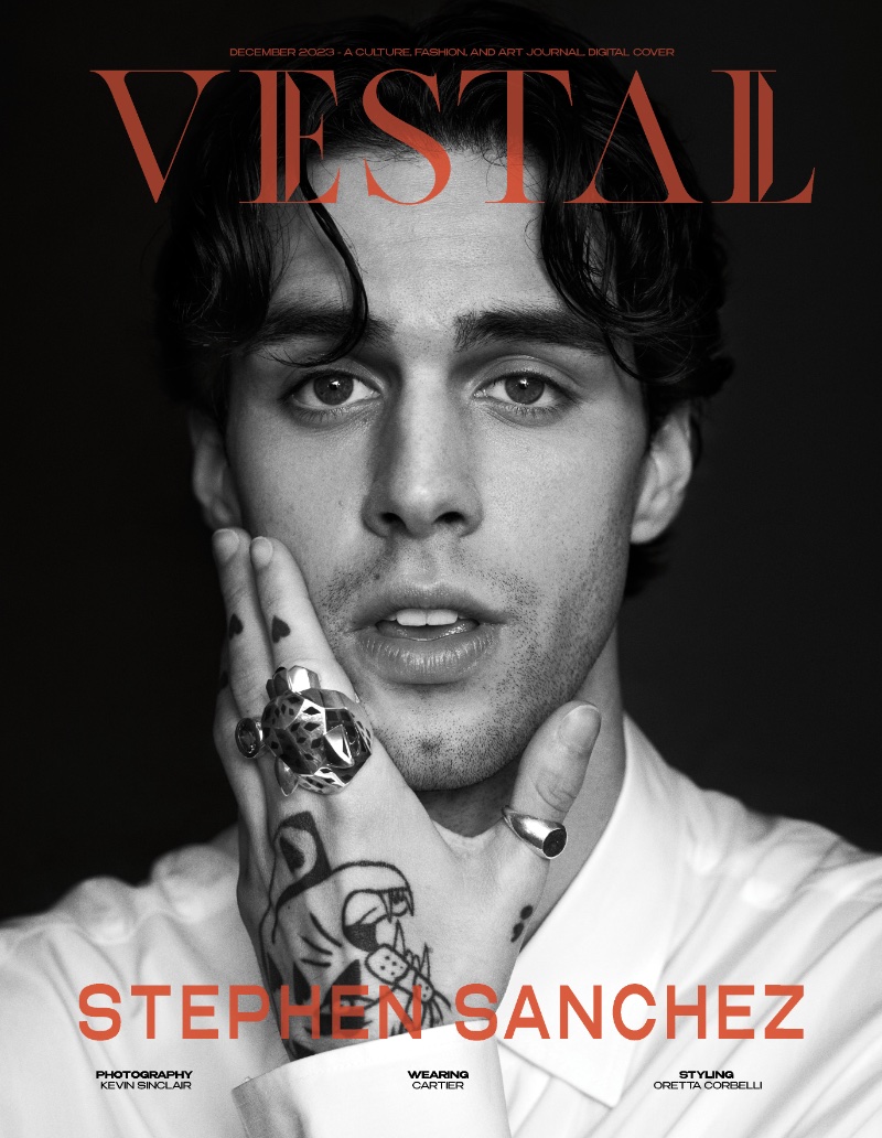 Singer Stephen Sanchez dons Cartier jewelry for the December 2023 cover of Vestal magazine.