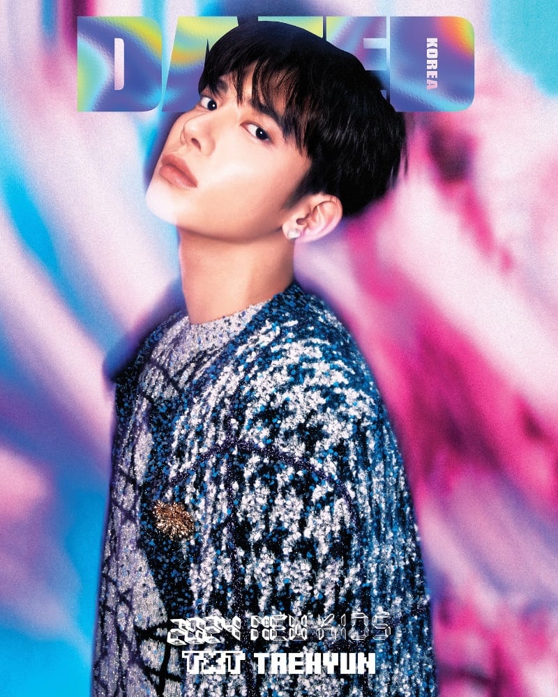 Taehyun's piercing look stands out against a kaleidoscopic backdrop for the cover of Dazed Korea.
