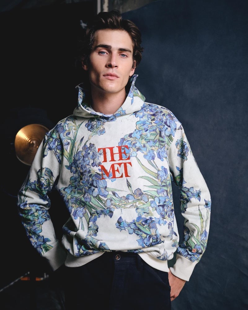 Liam Kelly sports a Todd Snyder x The Met Van Gogh Irises sweatshirt.