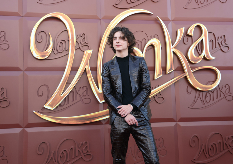 Standing confidently, Timothée Chalamet complements the whimsical Wonka backdrop in his glossy Tom Ford ensemble.