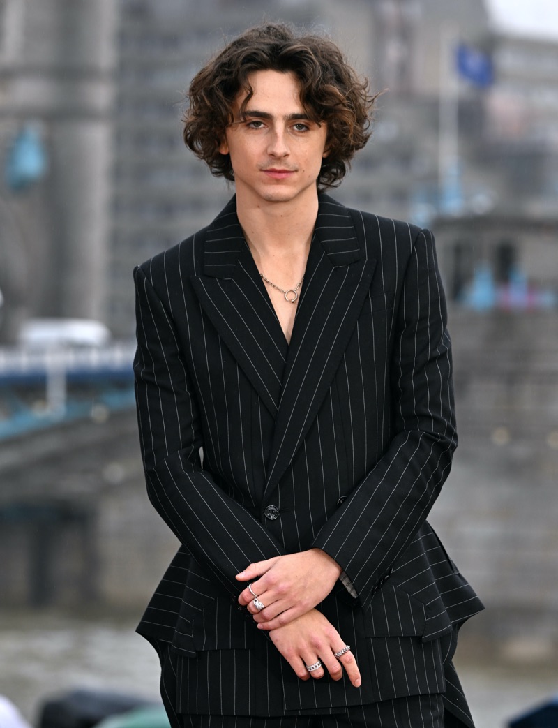 Timothée Chalamet looks effortlessly chic in an Alexander McQueen pinstripe suit with a distinctive short train at the London photocall for Wonka.