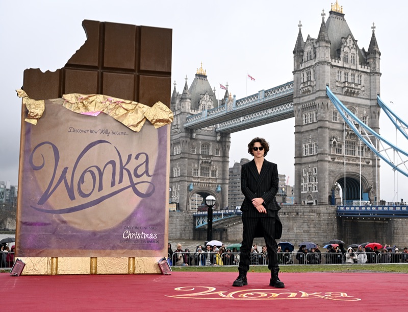 Under the iconic Tower Bridge, Timothée Chalamet stands out in an elegant Alexander McQueen pinstripe suit.