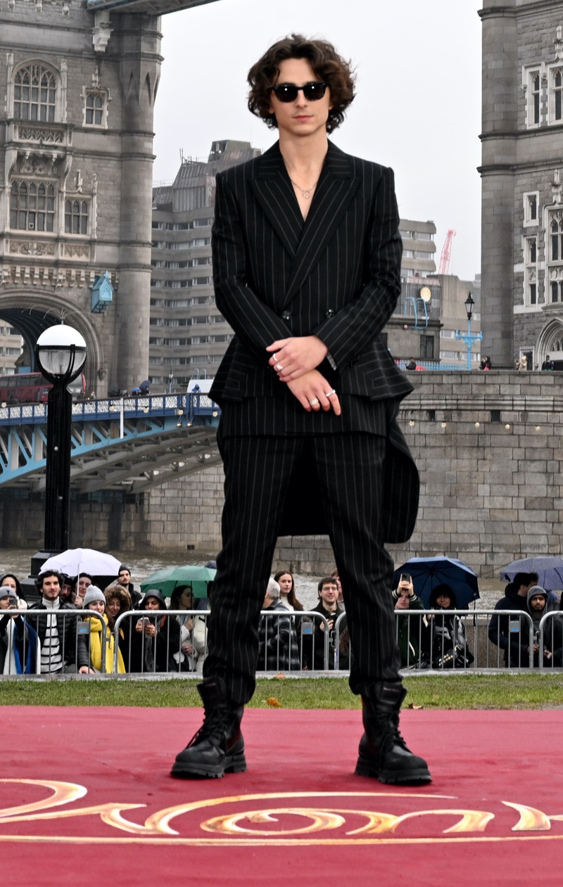 Timothée Chalamet Alexander McQueen Pinstripe Suit Lace-up Boots 2023 Wonka London Photocall