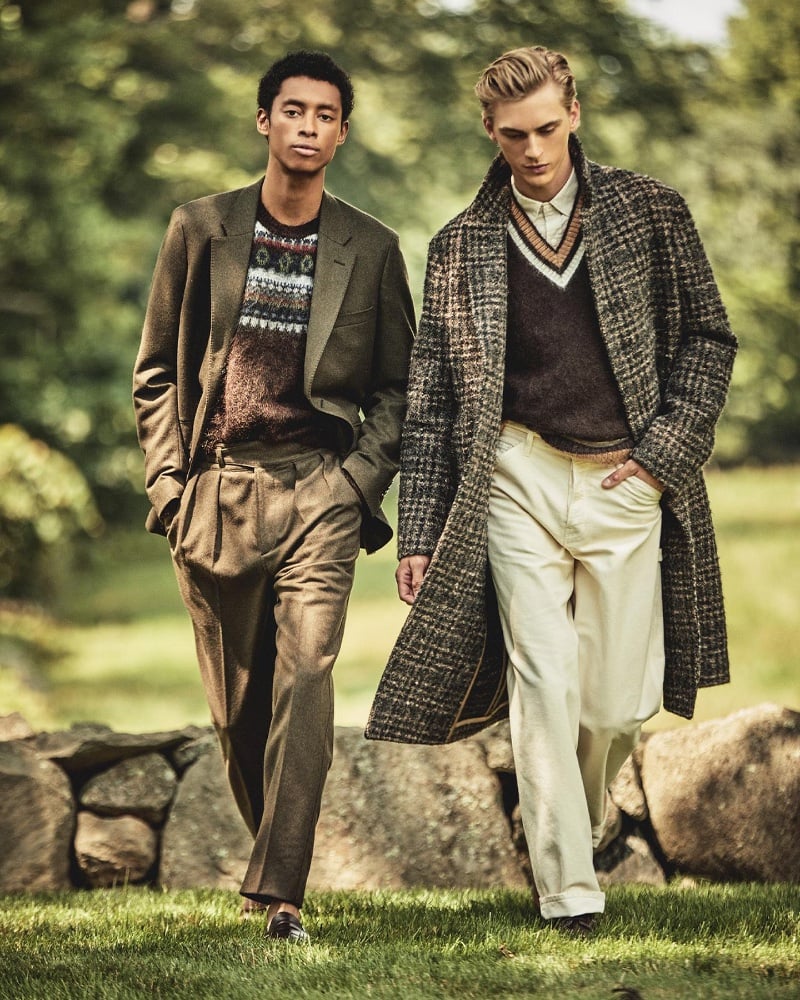 Models Jecardi Sykes and Dominik Sadoch wear chic layers from Todd Snyder's winter 2023 collection.