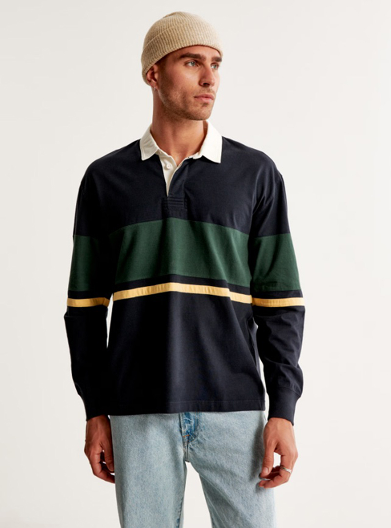 Abercrombie & Fitch's rugby polo pairs the comfort of soft cotton with the dynamic appeal of a colorblock design.
