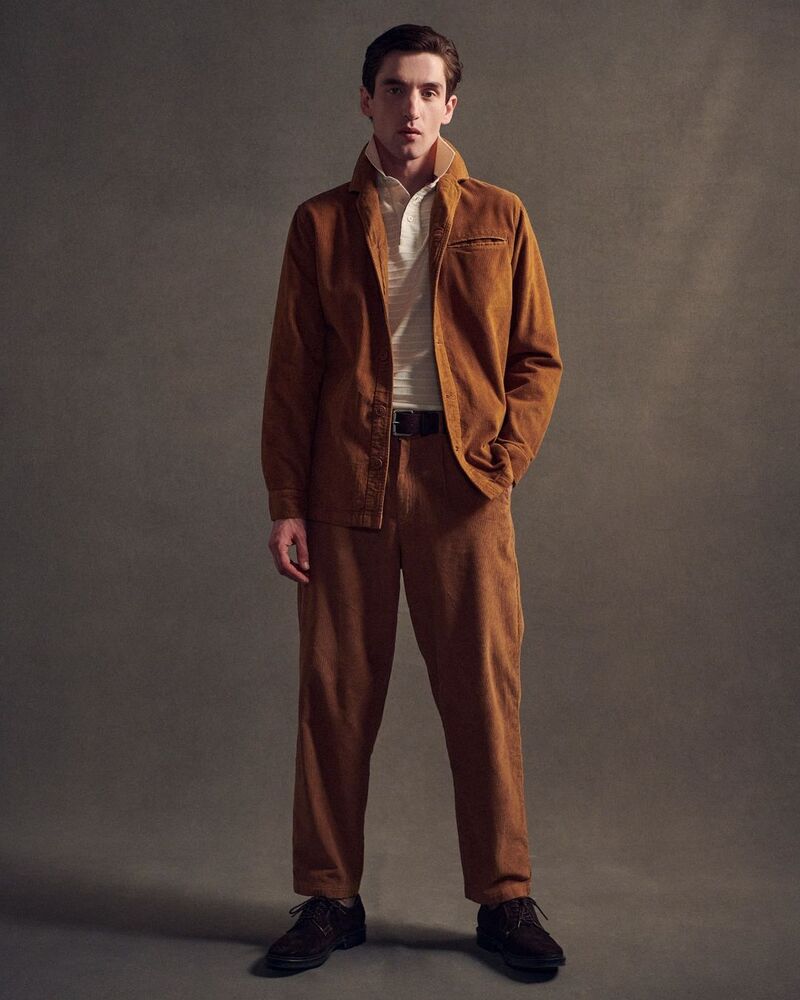 Model Anatol Modzelewski personifies timeless style in Barbour's Modern Heritage collection, clad in a rich caramel corduroy set.
