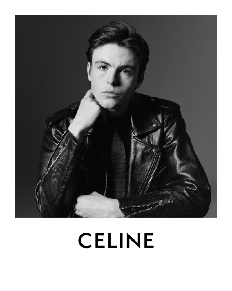 Blake Richardson channels classic cool in Celine Homme's leather biker jacket.