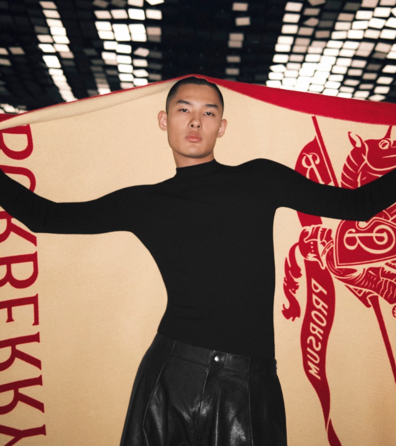 Wang Xiangguo sports all black for the Burberry Lunar New Year campaign.