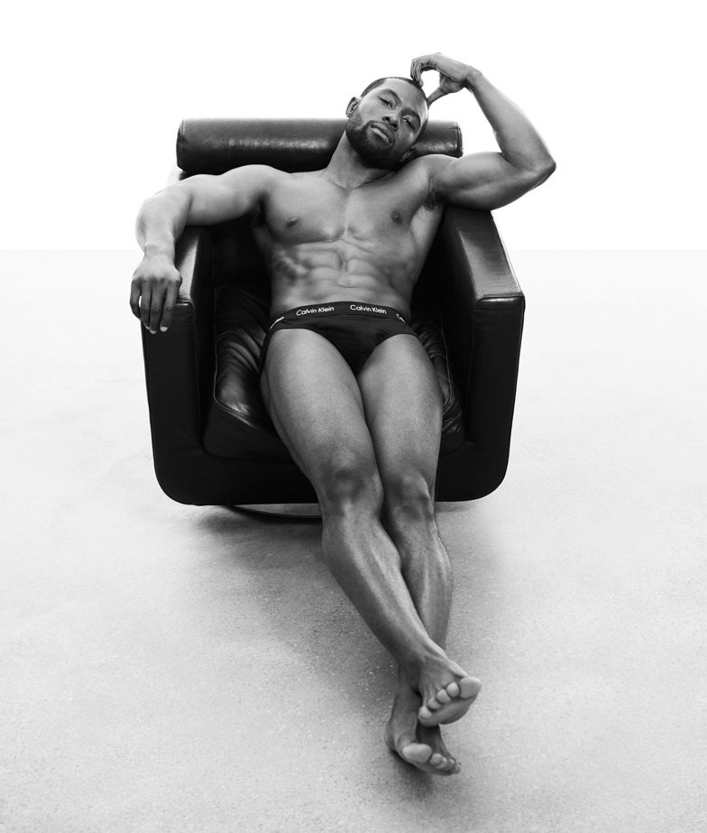 In 2017, Calvin Klein tapped the cast of 'Moonlight' including actor Trevante Rhodes. The thespian wore cotton stretch hip briefs for the black and white shot.