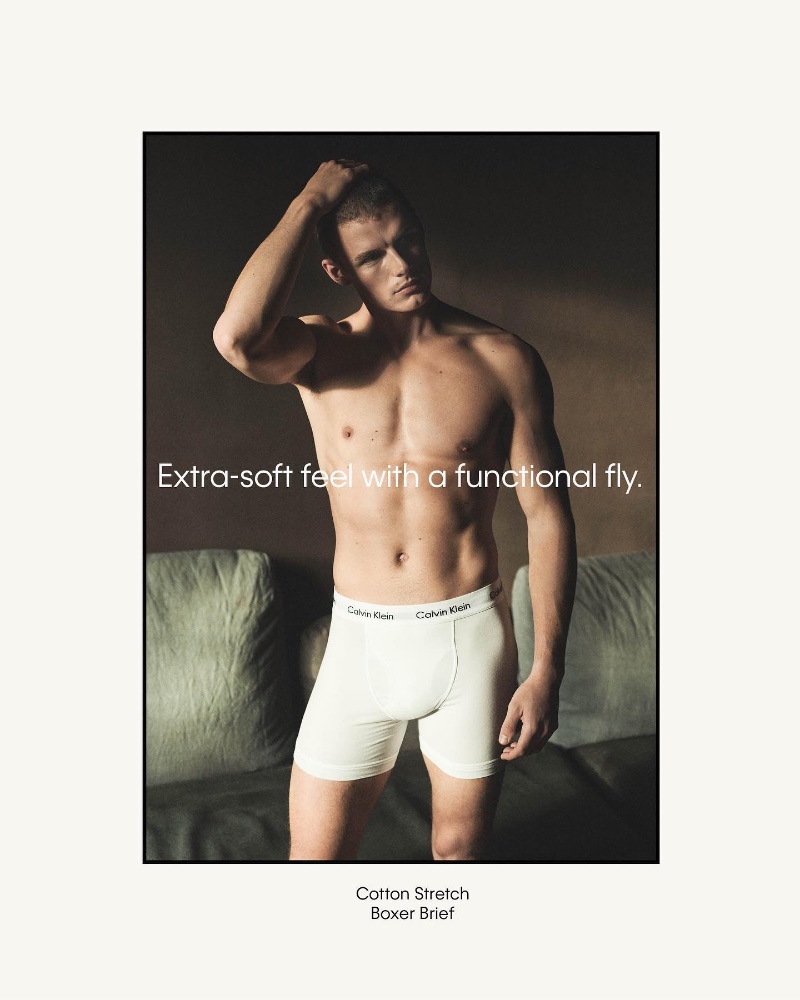 Finley Prentice appears in Calvin Klein's spring 2024 underwear campaign, wearing the brand's cotton stretch boxer brief.