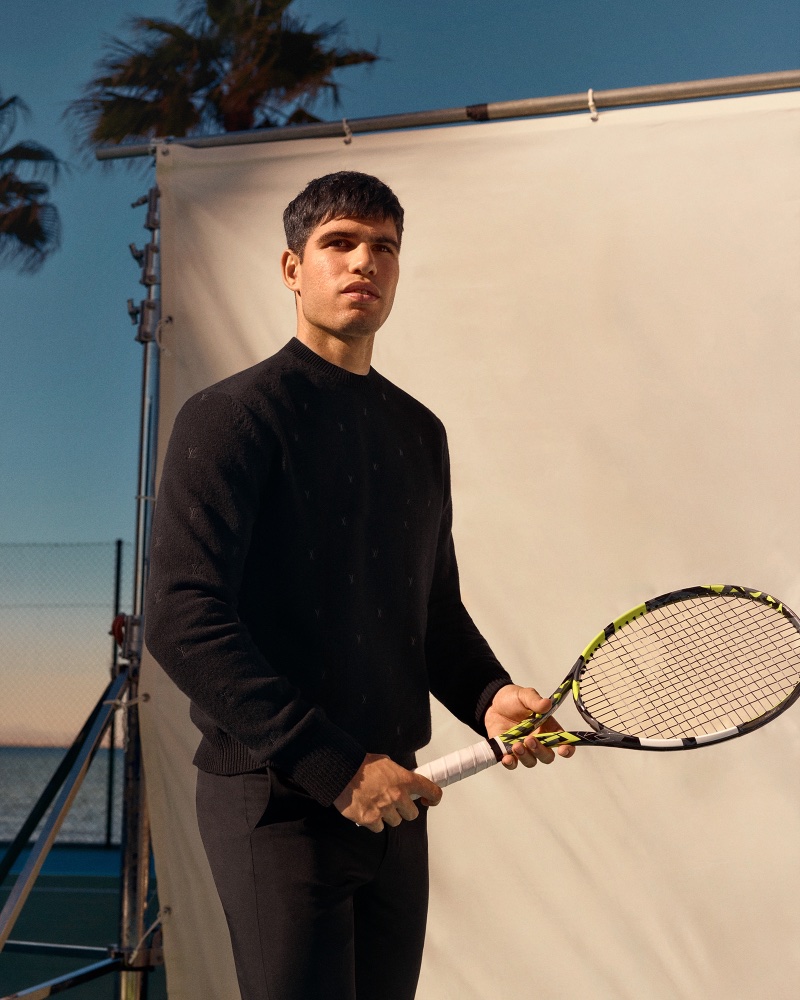 Picking up a racket, Carlos Alcaraz stars in an outing for Louis Vuitton Malle Vestiaire.