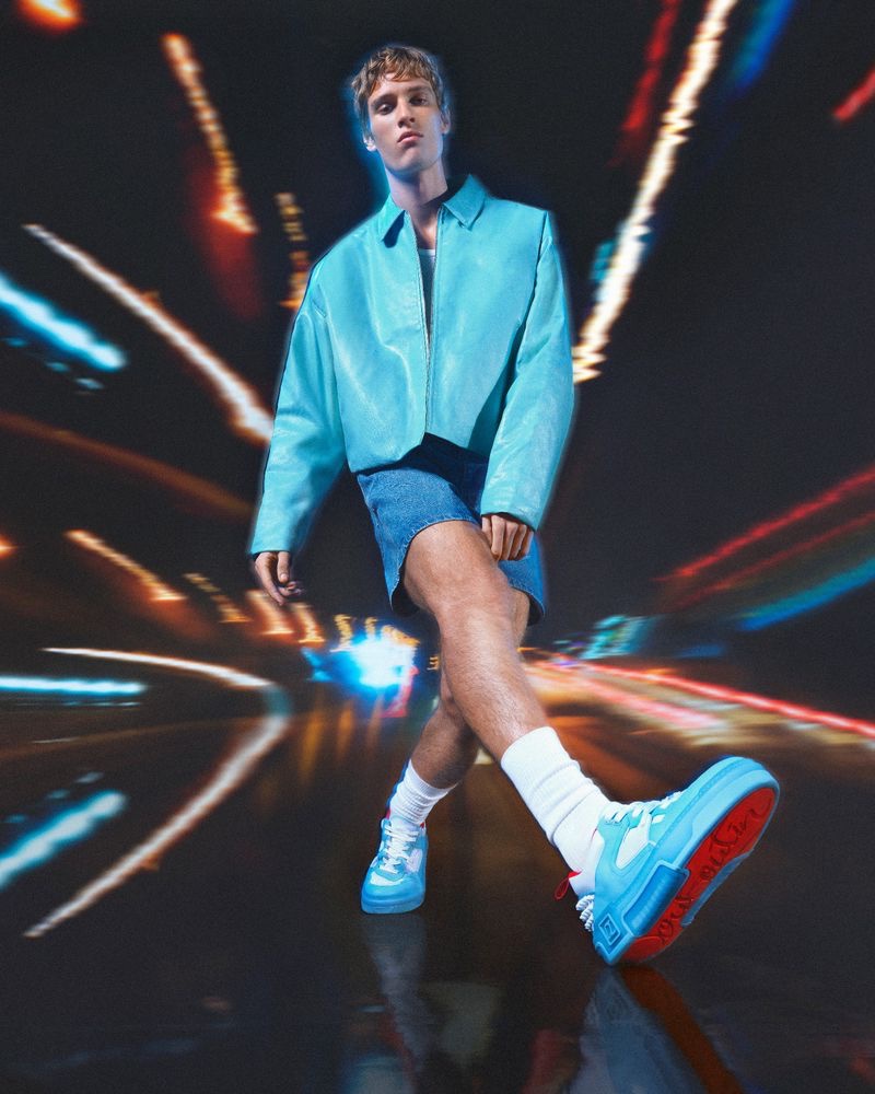 Model Yeray Allgayer sports a casual ensemble with Astroloubi sneakers for the Christian Louboutin campaign.