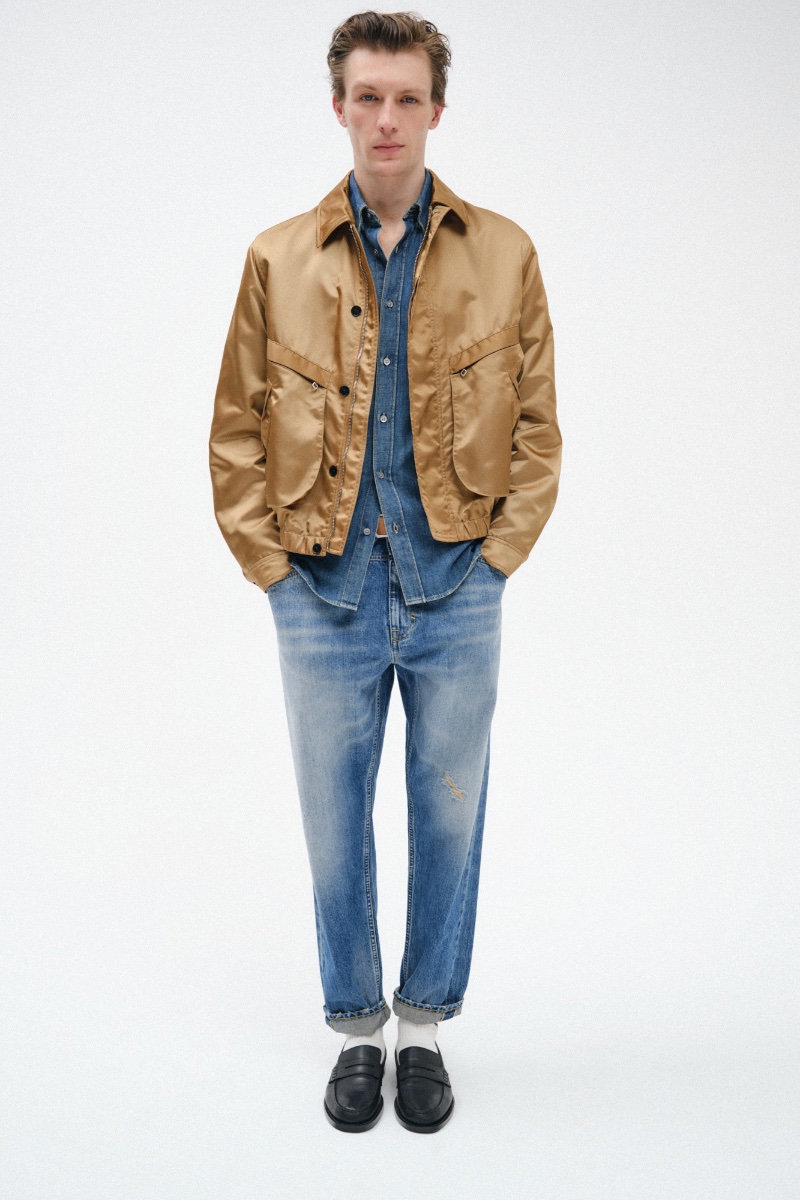 Closed captures casual sophistication in its spring 2024 collection with Finnlay Davis in a nylon blouson jacket. 