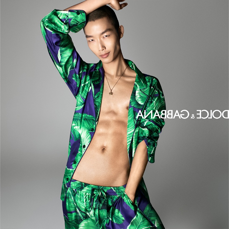 Dolce & Gabbana's resort lineup shines, with Xu Meen in a vibrant leaf-print set.
