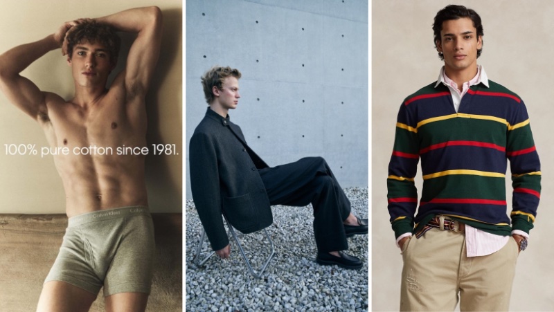 Week in Review: Valentin Humbroich for Calvin Klein underwear campaign, Jonas Glöer for Loro Piana spring-summer 2024 campaign and Mase Somanlall in a Polo Ralph Lauren rugby shirt.