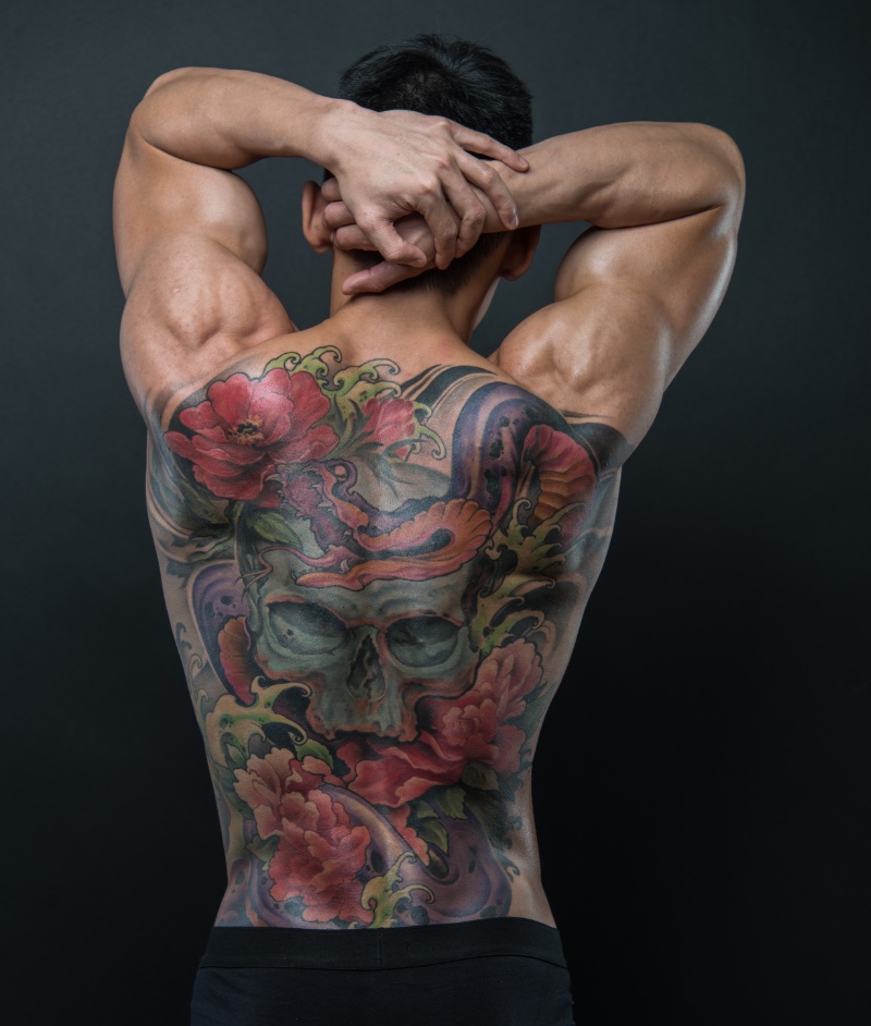 Floral Skull Back Tattoo Men