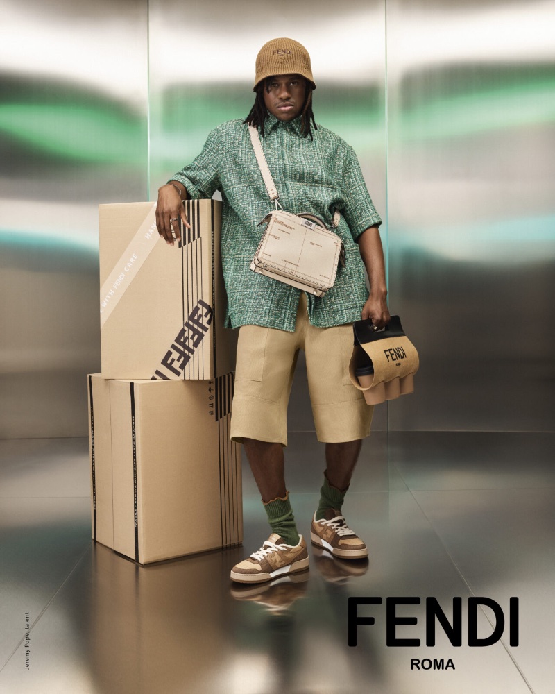 Jeremy Pope stars in Fendi's spring-summer 2024 ad, pairing an oversized shirt with statement accessories.