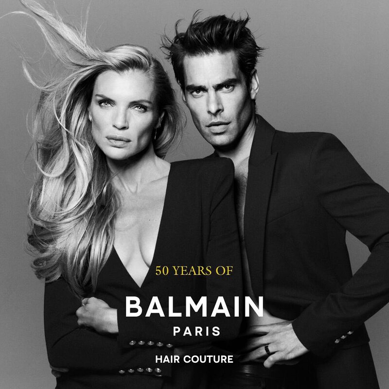 Jon Kortajarena and Esther Cañadas mark the 50th anniversary of Balmain Paris with their striking hairstyles: Jon's voluminous, windswept look pairs flawlessly with Esther's flowing, dynamic waves, both epitomizing the brand's luxurious hair couture.