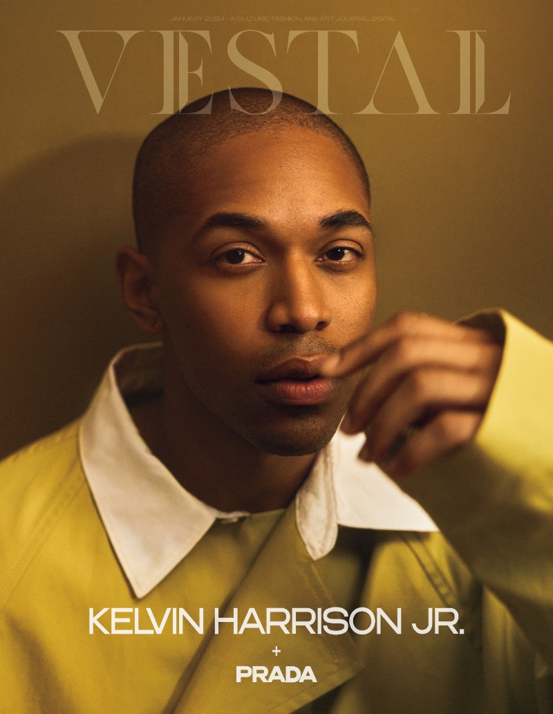 Kelvin Harrison Jr. wears Prada for the cover of Vestal magazine. 