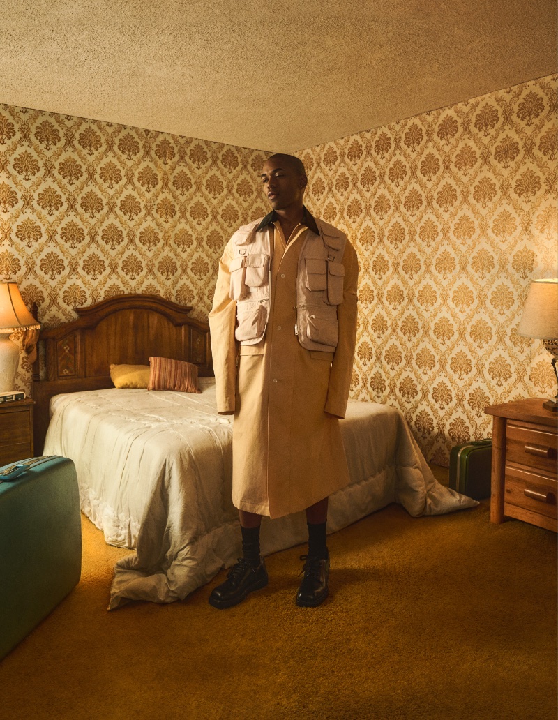 Appearing on a movie set, Kelvin Harrison Jr. wears Prada for Vestal magazine.