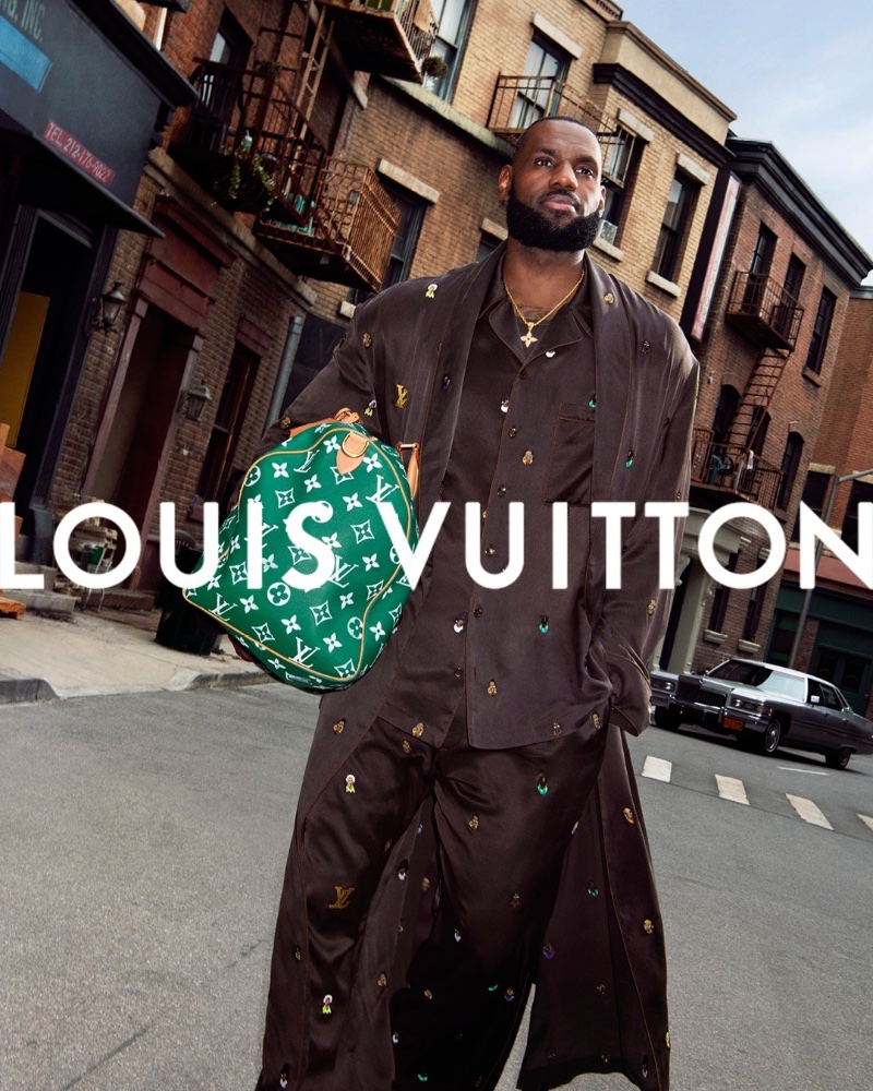 LeBron James wears a CO-ORD look from Pharrell's debut collection for Louis Vuitton.