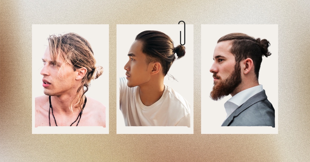 Portrait of young man with top knot hairstyle. studio shot. looking at  camera. Stock Photo | Adobe Stock