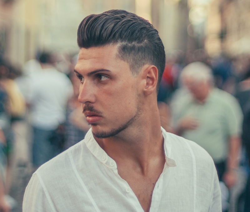 Pompadour Taper Fade Side Part Men