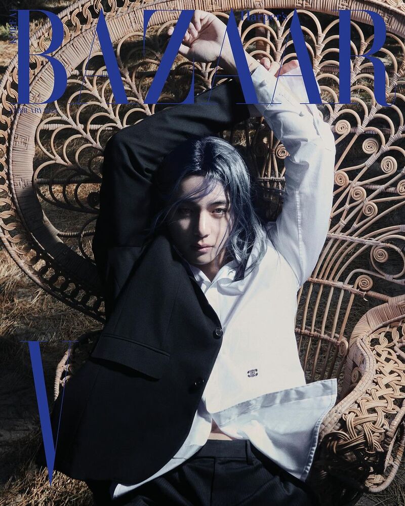 BTS' V graces the February 2024 cover of Harper's Bazaar Korea, exuding enigmatic charm in a sleek Celine ensemble.