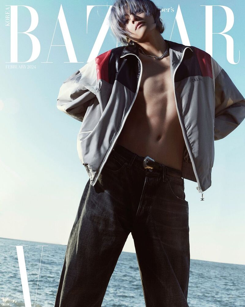 BTS’ V makes a bold statement on the February 2024 issue of Harper’s Bazaar Korea, styled in an edgy Celine jacket against the serene backdrop of the sea.