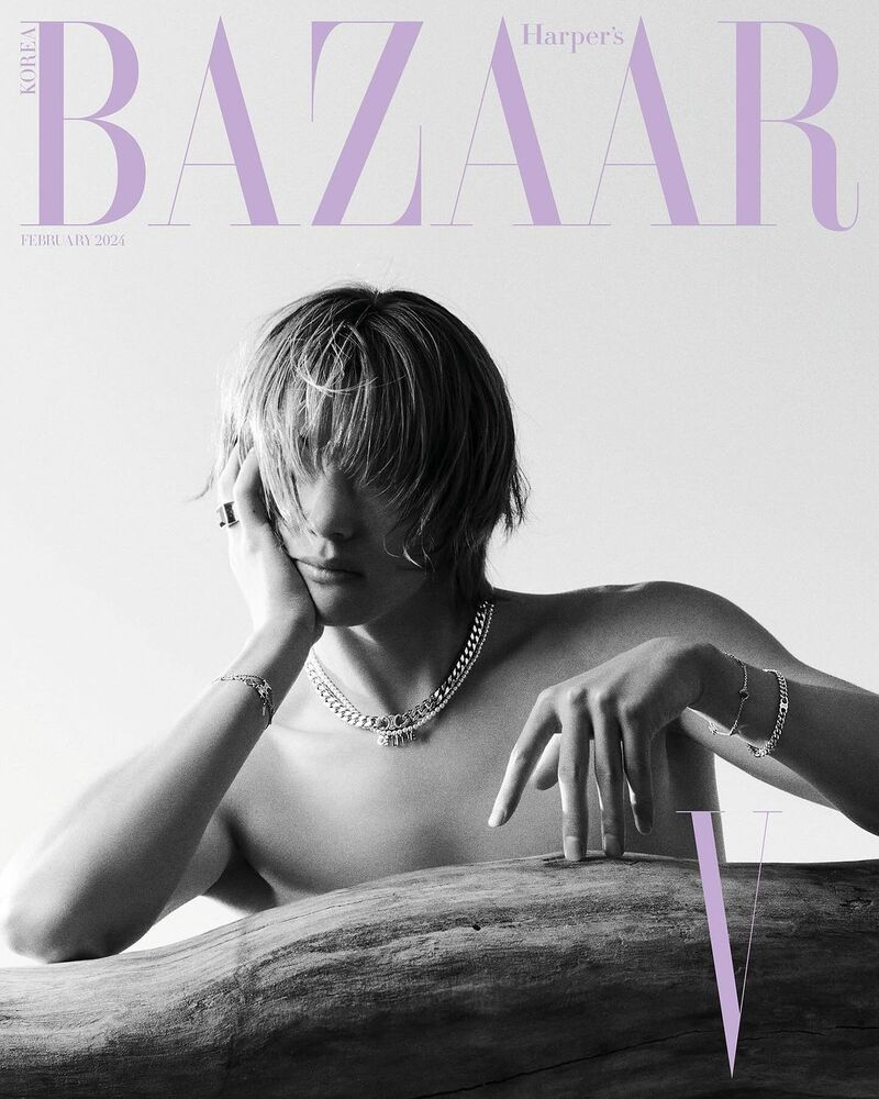Captured in monochrome, BTS' V channels a contemplative mood for Harper's Bazaar Korea's February 2024 cover, adorned in Celine's fine jewelry.