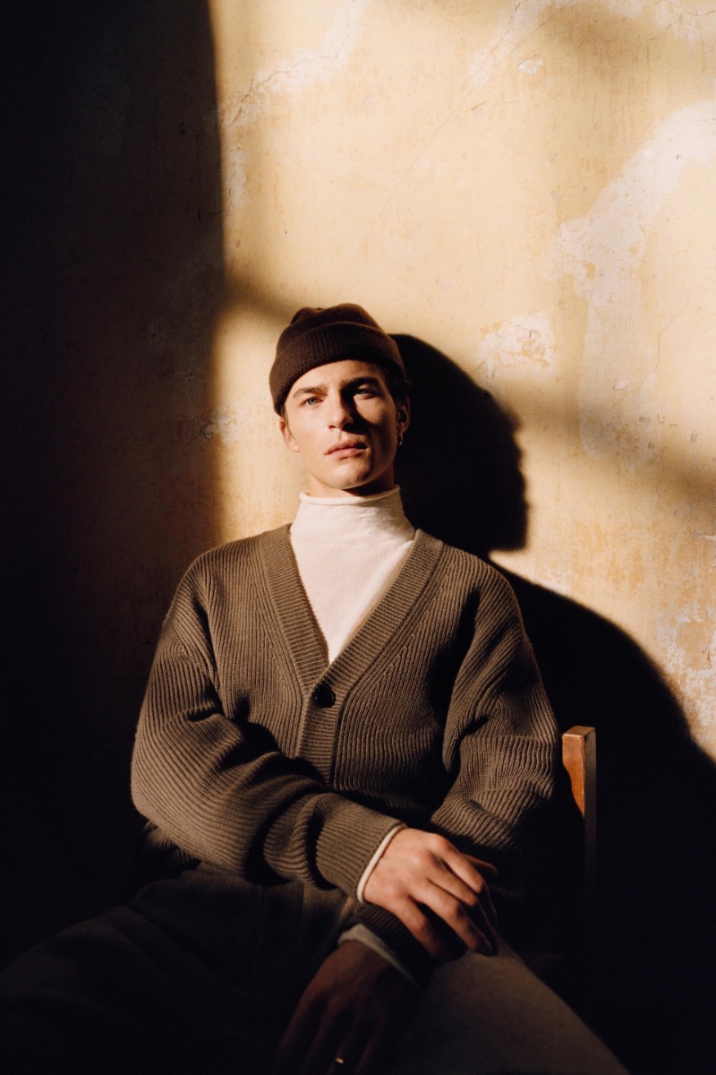 A wool-blend cardigan takes the spotlight in a Zara lookbook featuring model Yulef Bopp. 