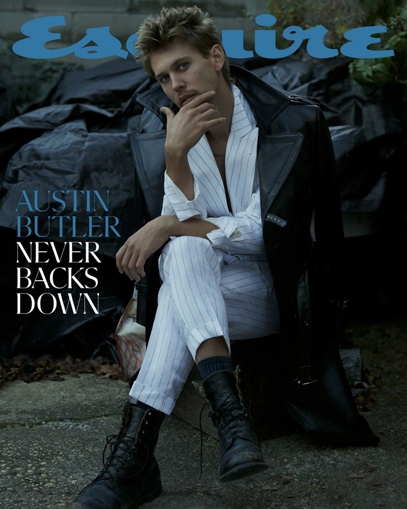 Actor Austin Butler covers Esquire's March 2024 issue, wearing a coat by The Cast NYC with a pinstriped Brunello Cucinelli suit.