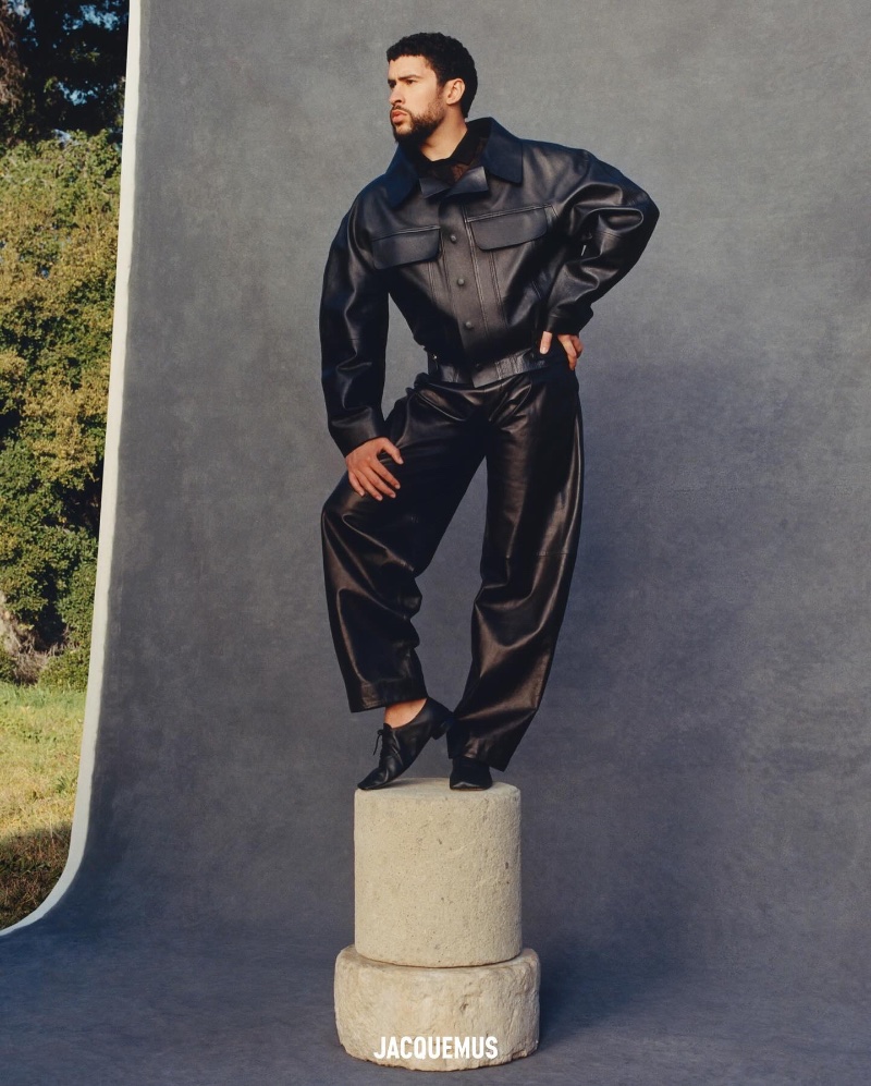 Structured sophistication meets leather in JACQUEMUS's spring-summer 2024 look, modeled by Bad Bunny.