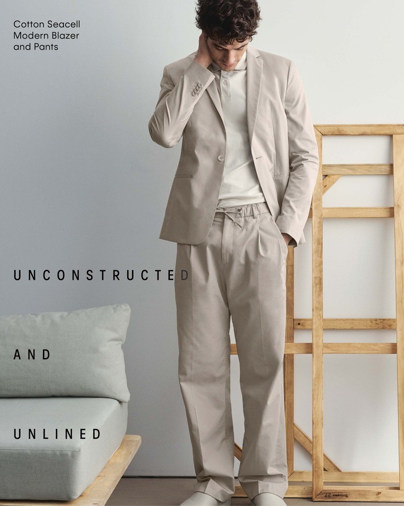 Calvin Klein offers sophisticated ease with its cotton seacell blazer and pants.