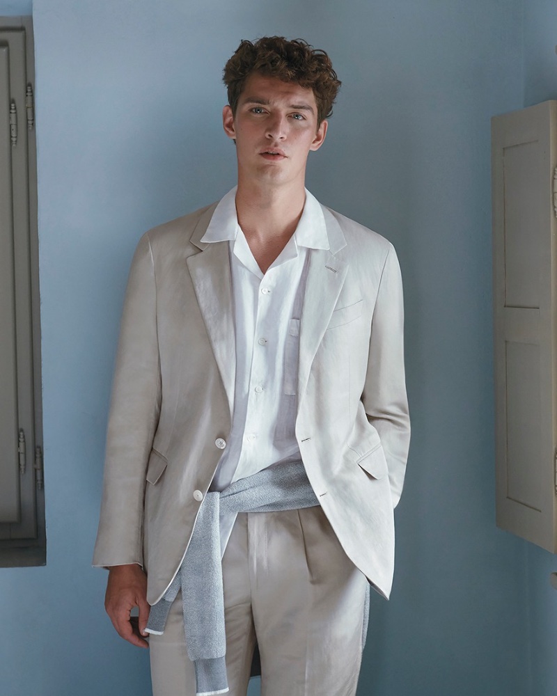 Model Otto Lotz dons a linen suit for Canali's spring-summer 2024 campaign.