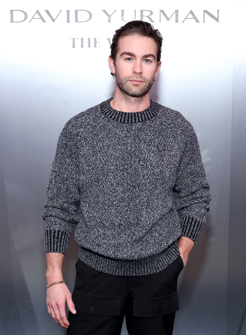 Chace Crawford in a casual knit, adorned with a bracelet from David Yurman.