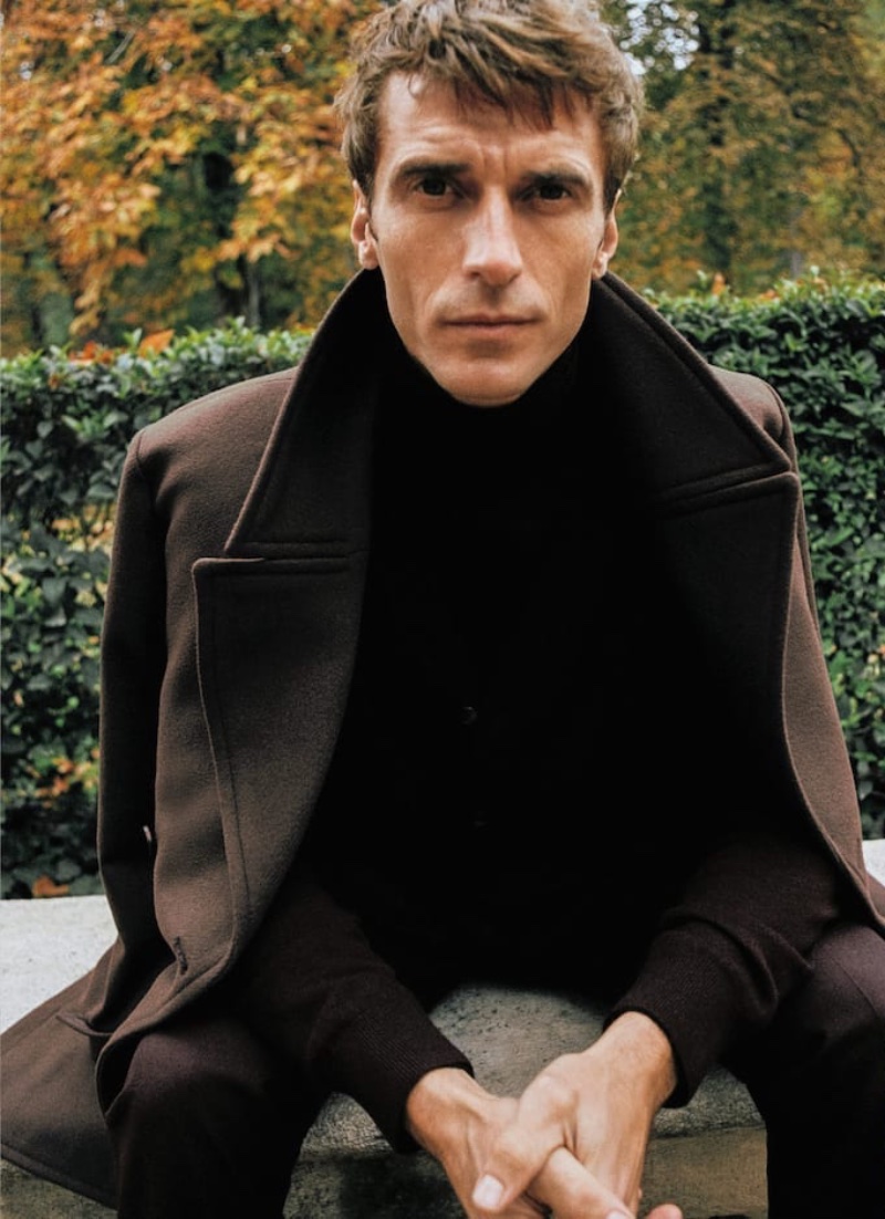 Clément Chabernaud wears a wool double-breasted coat by Mango.