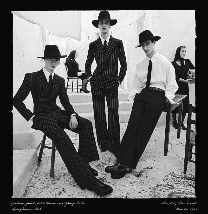 Pinstripe tailoring takes the spotlight for Dolce & Gabbana's spring-summer 2024 campaign featuring models  Jackson Jarrell, Habib Masovic, and Yoesry Detre.