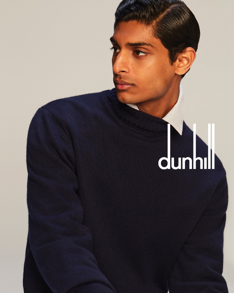 Pratik Shetty layers a sweater with a shirt for Dunhill's spring-summer 2024 campaign.