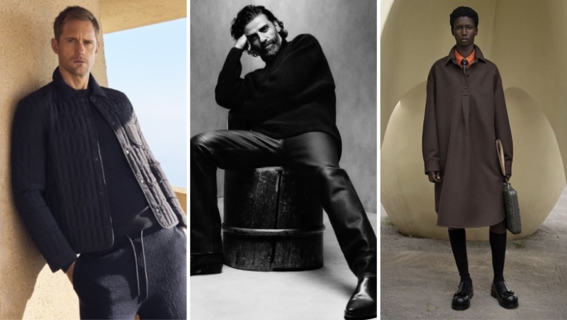 Alexander Skarsgård for Mackage spring-summer 2024 campaign, Oscar Isaac for Fear of God ad, and Douta Sidibe for Bottega Veneta spring 2024 advertisement.