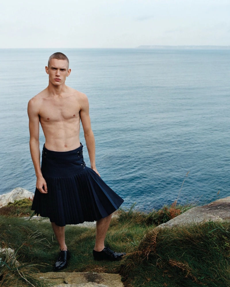 Jake Hodder models a virgin wool and mohair kilt for Fursac's spring-summer 2024 campaign.
