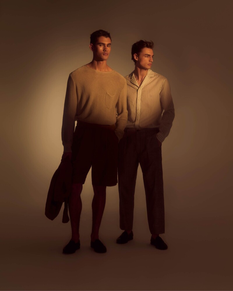 Bodhi Heeck and Ondrej Mokoš stand poised in a muted palette for Giorgio Armani's spring-summer 2024 collection. 