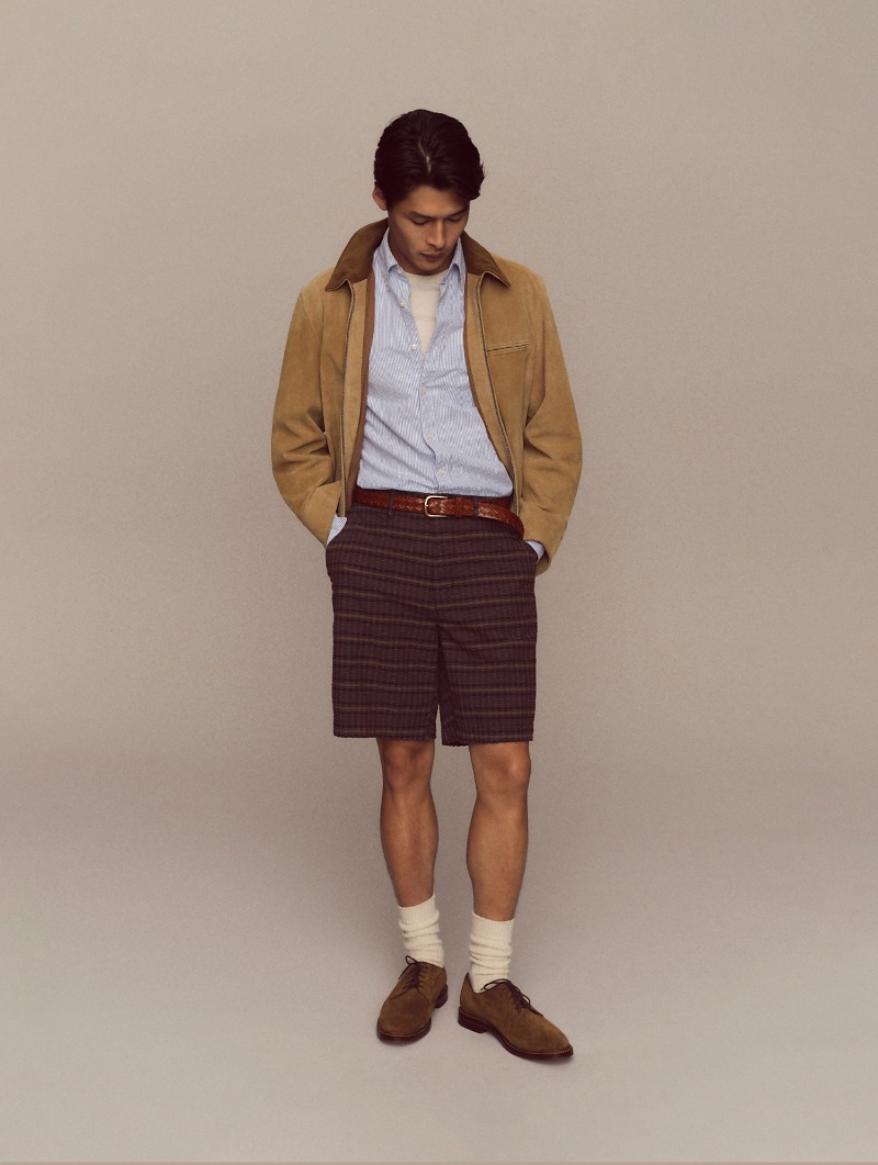 Taro Nakamura models a Wallace & Barnes Italian suede work jacket with a J.Crew broken-in Oxford shirt, 9" gingham seersucker shorts and Ludlow suede derbys.