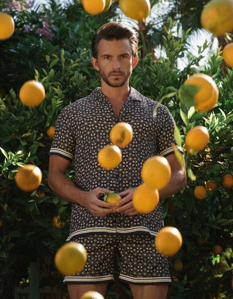 Amidst a citrus grove, Jonathan Bailey is the epitome of spring freshness in Orlebar Brown.