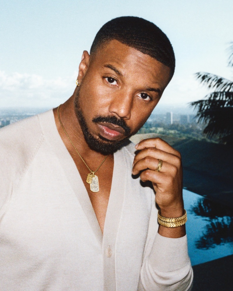 Michael B. Jordan wears chevron jewelry from David Yurman. 