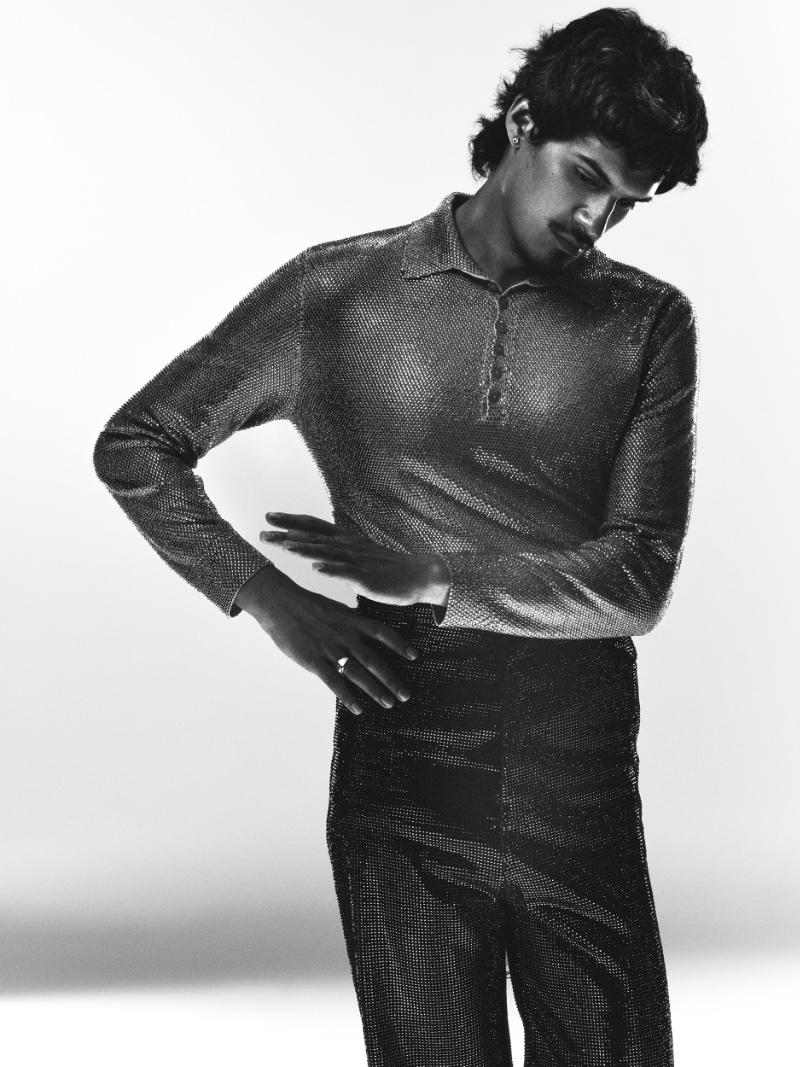 Omar Apollo dons Loewe for a black-and-white VMAN photo.