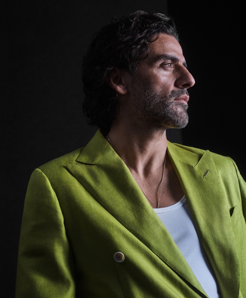 In the Brioni spring-summer 2024 ad, Oscar Isaac turns heads in a striking green blazer.